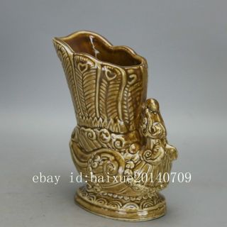 Chinese old hand - carved porcelain yellow glaze phoenix statue brush pot d01 2