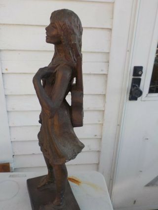 Leonardo Arts Wrks Inc.  60 ' s BRONZE statue Young Girl with GUITAR & TAMBOURINE 9