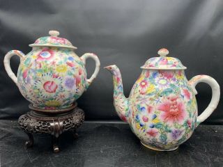 2 X Antique Chinese Families Rose Teapot And Sugar Pot With Lid 19th Century