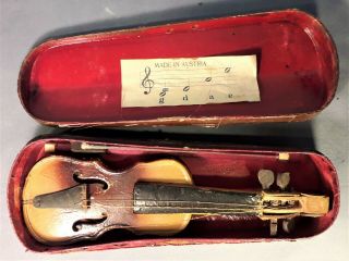 Antique Paper Mache Miniature Violin In Case,  Made In Austria