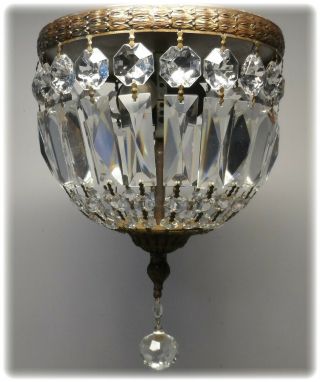 Vtg Italian Gold Brass & Crystal Basket Petite Chandelier Ceiling Mount Lamp