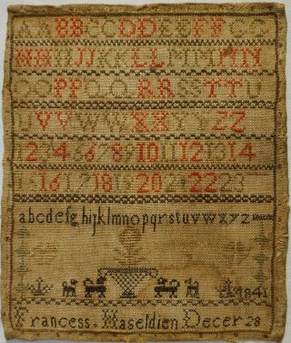 Small Mid 19th Century Alphabet & Motif Sampler By Francess Haseldien - 1841