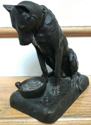 Vintage Stanislas Lami Bronze Seated Dog Observing Snail In Bowl Statue Antique