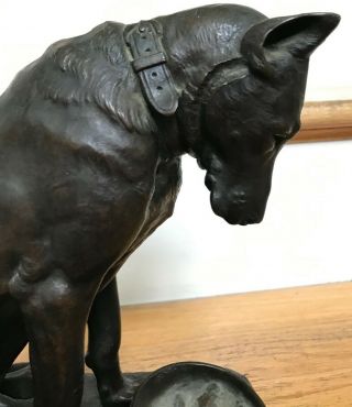 Vintage Stanislas Lami Bronze Seated Dog Observing Snail in Bowl Statue Antique 3
