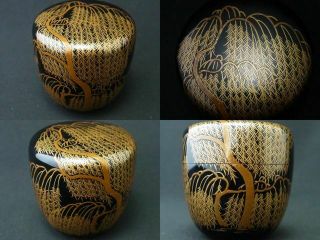 Japanese Traditional Lacquer Wooden Tea Caddy Willow Makie Natsume (716)
