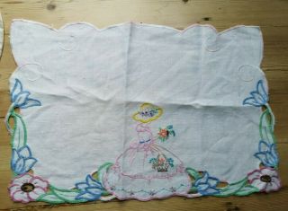 8 VINTAGE EMBROIDERED CRINOLINE LADY LADIES REPURPOSING TABLECLOTH TEA POT COVER 6