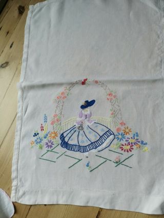 8 VINTAGE EMBROIDERED CRINOLINE LADY LADIES REPURPOSING TABLECLOTH TEA POT COVER 7