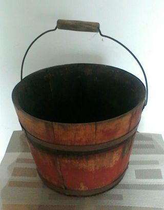 Antique Primitive Wooden Sap Bucket With Old Red Paint & Bail