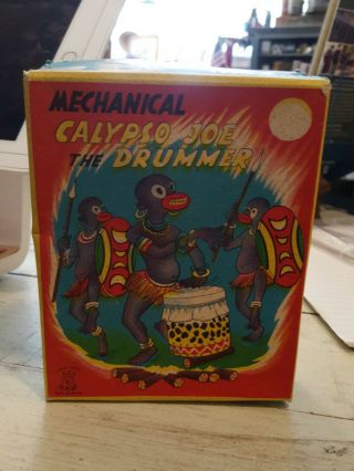 Vintage Tin Wind Up Toy Calypso Joe Drummer W/box (made By Trade - Toys Japan)