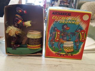 Vintage Tin Wind Up Toy Calypso Joe Drummer w/box (made by Trade - Toys Japan) 2