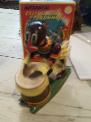 Vintage Tin Wind Up Toy Calypso Joe Drummer w/box (made by Trade - Toys Japan) 8