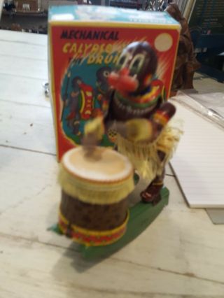 Vintage Tin Wind Up Toy Calypso Joe Drummer w/box (made by Trade - Toys Japan) 9