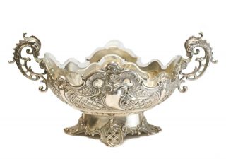 German 800 Silver Double Handled Footed Centerpiece Bowl,  C1900.  Glass Insert