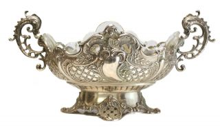 German 800 Silver Double Handled Footed Centerpiece Bowl,  c1900.  Glass Insert 3
