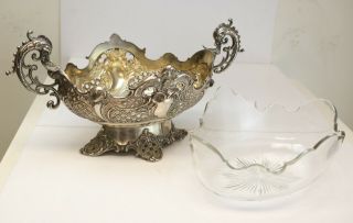 German 800 Silver Double Handled Footed Centerpiece Bowl,  c1900.  Glass Insert 4