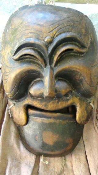 Antique Old Korean Finely Carved Wooden Carved Mask With Movable Jaw,  Signed