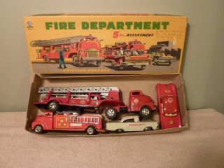 Sss Japanese Tin Friction Fire Department 5 Pc Box Set 1950 