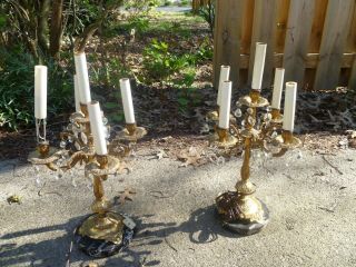 Antique Candelabra Electric Table Lamps With Glass Prisms