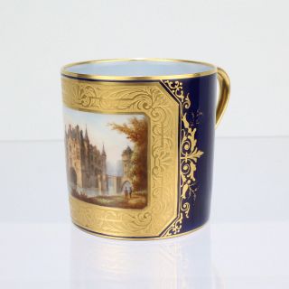 Antique Sevres Type Porcelain Cobalt Raised Gold Coffee Cup - Chateau Gilt Pc