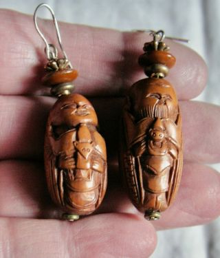 Vintage Chinese Carved Hediao Nut Buddha Earrings