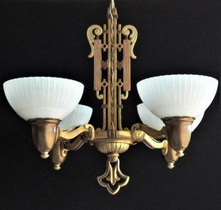 Antique Art Deco Slip Shade Chandelier 4 - Light Opalescent Glass,  Restored