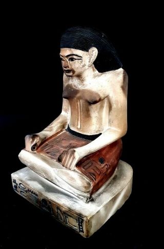 Very Unique Egyptian Antique Seated Scribe Statue Faience Amulet W/t Heroghliphs