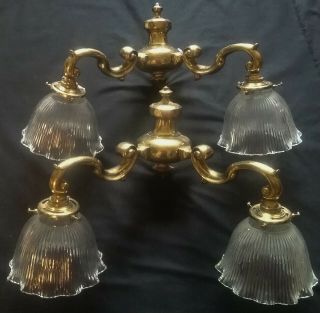 Solid Brass Twin Light Wall Sconces Holophane Shades X 2