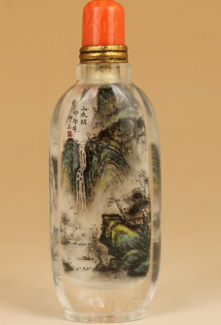 Antique Chinese Old Natural Crystal Hand Painting Landscape Statue Snuff Bottle