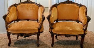 Antique Louis Xv Rococo Style Walnut Bergere Parlor Chairs Canape Style
