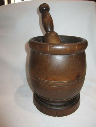 Antique Primitive Old Wood Mortar & Pestle Folk Art Spice Grinder