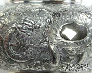 Chinese Export Silver Repoussé Three Piece Tea Service,  Dragons,  19th Century 10