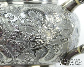 Chinese Export Silver Repoussé Three Piece Tea Service,  Dragons,  19th Century 11