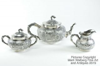 Chinese Export Silver Repoussé Three Piece Tea Service,  Dragons,  19th Century 2