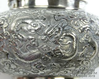 Chinese Export Silver Repoussé Three Piece Tea Service,  Dragons,  19th Century 3