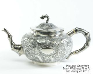 Chinese Export Silver Repoussé Three Piece Tea Service,  Dragons,  19th Century 4