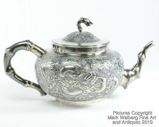 Chinese Export Silver Repoussé Three Piece Tea Service,  Dragons,  19th Century 6