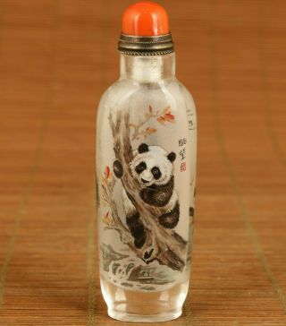 Chinese Old Natural Crystal Hand Inside Painting Panda Snuff Bottle Noble Gift