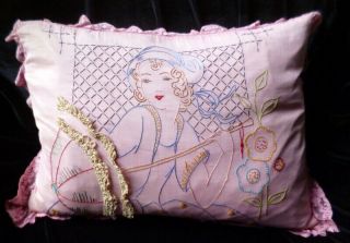Antique Circa 1920s Hand Embroidered Boudoir Pillow Flapper Girl With Parasol