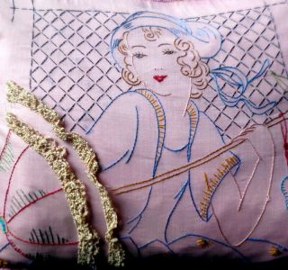 Antique Circa 1920s HAND EMBROIDERED BOUDOIR PILLOW Flapper Girl With Parasol 2