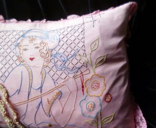 Antique Circa 1920s HAND EMBROIDERED BOUDOIR PILLOW Flapper Girl With Parasol 3