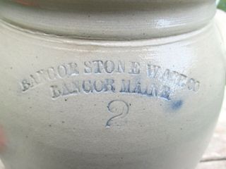 Antique 1800 ' s BANGOR STONEWARE CO.  2 GAL.  CROCK w/ EAR HANDLES & BLUE LETTERING 2