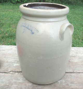 Antique 1800 ' s BANGOR STONEWARE CO.  2 GAL.  CROCK w/ EAR HANDLES & BLUE LETTERING 3