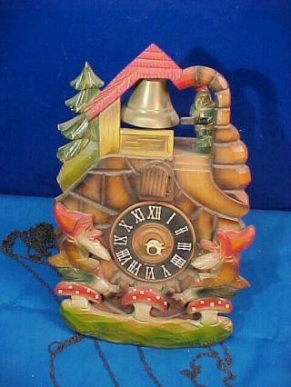 Vintage German Animated Cuckoo Clock W Carved Gnomes,  Elves Wood Case