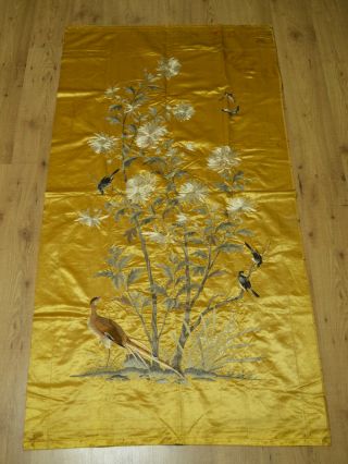 Antique Chinese Yellow Silk Embroidery Hanging Wall Panel Qing Dynasty