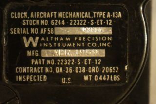 USAF MILITARY Waltham Aircraft Airplane 8 Day Clock STOP WATCH TYPEA - 13A 1959 7