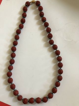 Antique Chinese Cinnabar Necklace,  30” 38 Beads @ 18mm