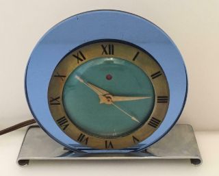 Telechron Blue Mirrored Chrome Art Deco Electric Clock 1930 