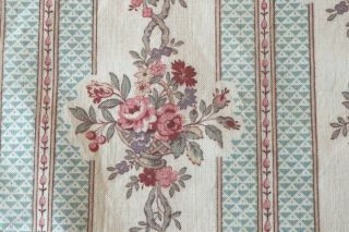 Antique C1910 - 1915 French Baskets & Roses Striped Cotton Fabric 15 " Sq Blues,  Pink