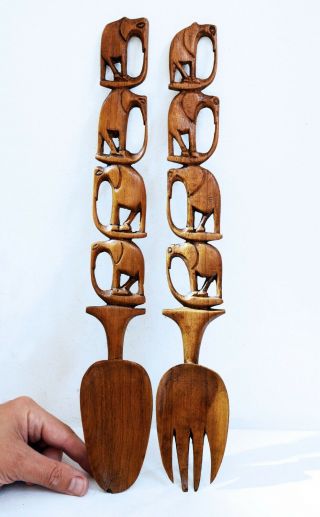 Lovely Vintage Hand Carved Wooden African Elephant Salad Serving Spoons