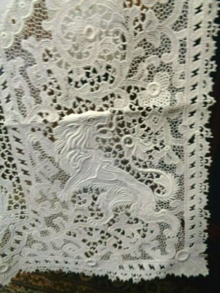 Vtg Antique X - Long Wht Cotton Dresser Scarf Table Runner Lion Lady Peacock Lace,
